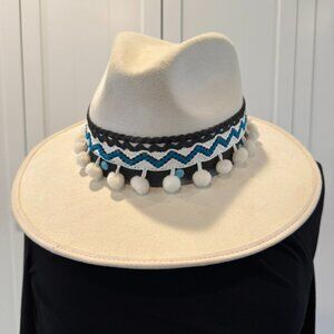Hun Hats Cream Wide Brim Fedora w/ Boho Pom Pom Band